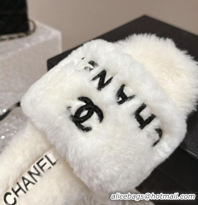 Best Grade Chanel Wool Flat Slide Sandals White 103020