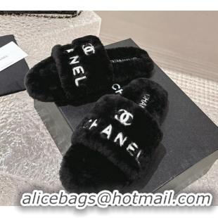 Low Cost Chanel Wool Flat Slide Sandals Black 103021