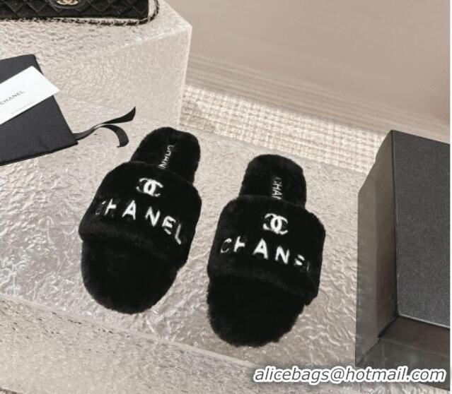 Low Cost Chanel Wool Flat Slide Sandals Black 103021