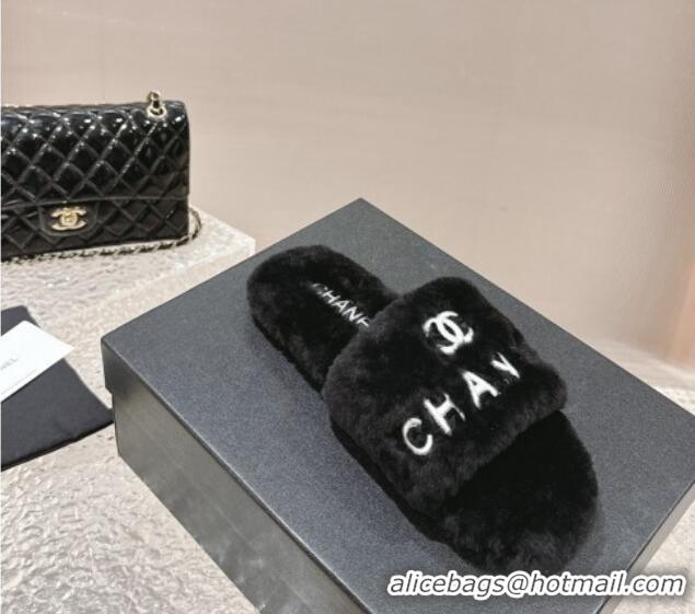 Low Cost Chanel Wool Flat Slide Sandals Black 103021