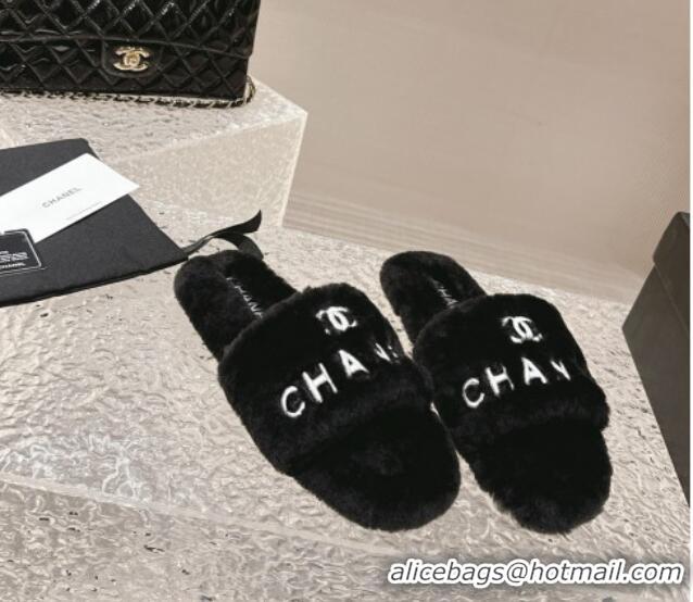 Low Cost Chanel Wool Flat Slide Sandals Black 103021