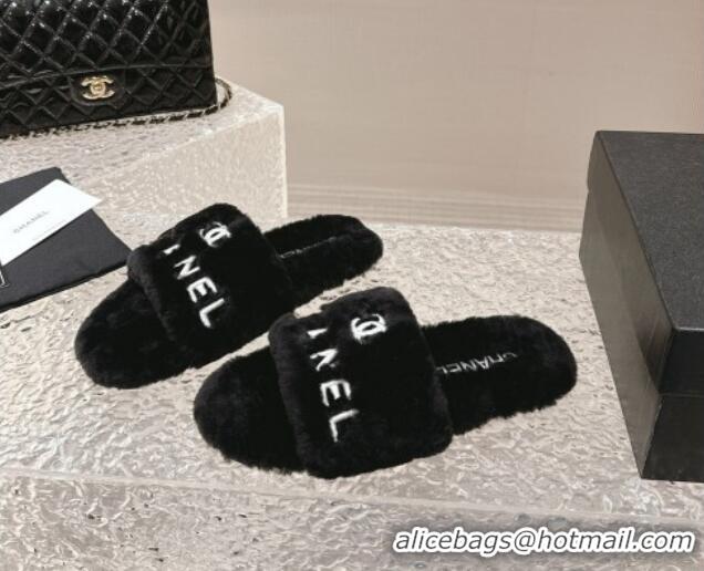 Low Cost Chanel Wool Flat Slide Sandals Black 103021