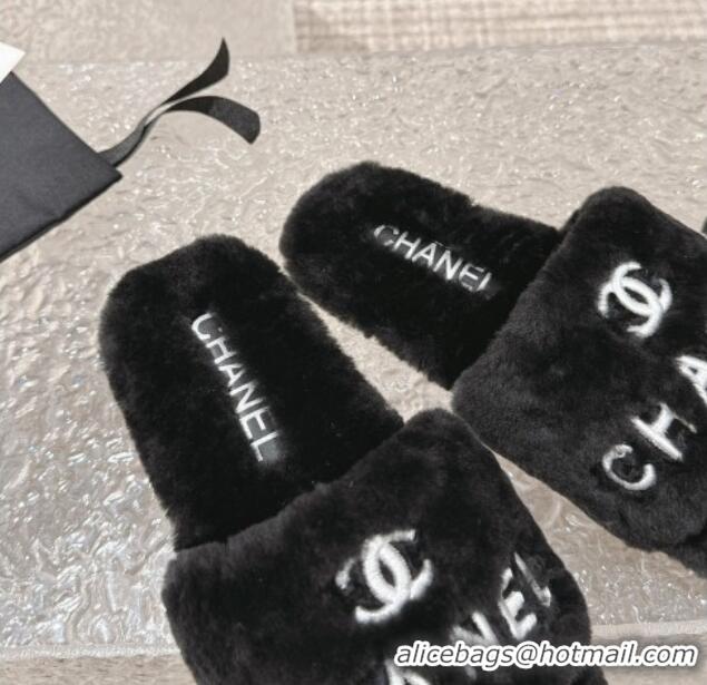 Low Cost Chanel Wool Flat Slide Sandals Black 103021