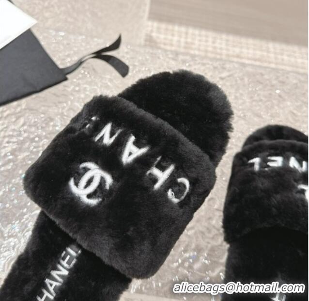 Low Cost Chanel Wool Flat Slide Sandals Black 103021