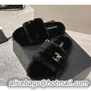 Pretty Style Chanel Wool Flat Slide Sandals with Crystal CC Black 103023