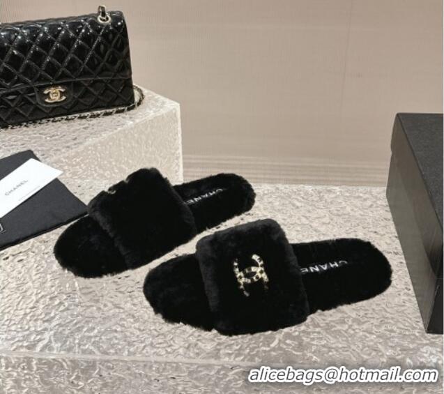 Pretty Style Chanel Wool Flat Slide Sandals with Crystal CC Black 103023