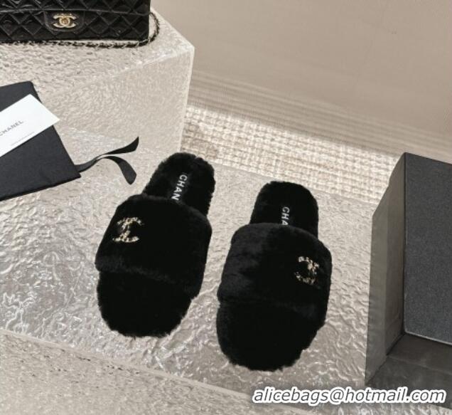 Pretty Style Chanel Wool Flat Slide Sandals with Crystal CC Black 103023