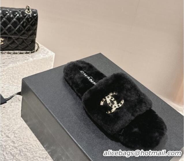 Pretty Style Chanel Wool Flat Slide Sandals with Crystal CC Black 103023