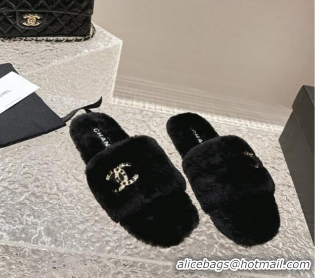 Pretty Style Chanel Wool Flat Slide Sandals with Crystal CC Black 103023