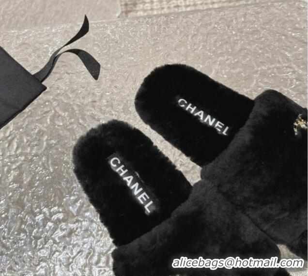 Pretty Style Chanel Wool Flat Slide Sandals with Crystal CC Black 103023