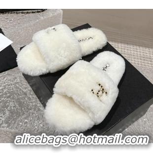 Good Looking Chanel Wool Flat Slide Sandals with Crystal CC White 103024