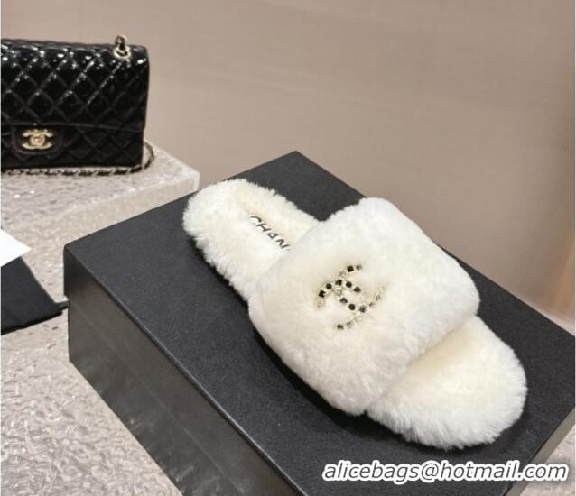 Good Looking Chanel Wool Flat Slide Sandals with Crystal CC White 103024