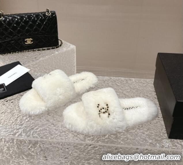 Good Looking Chanel Wool Flat Slide Sandals with Crystal CC White 103024