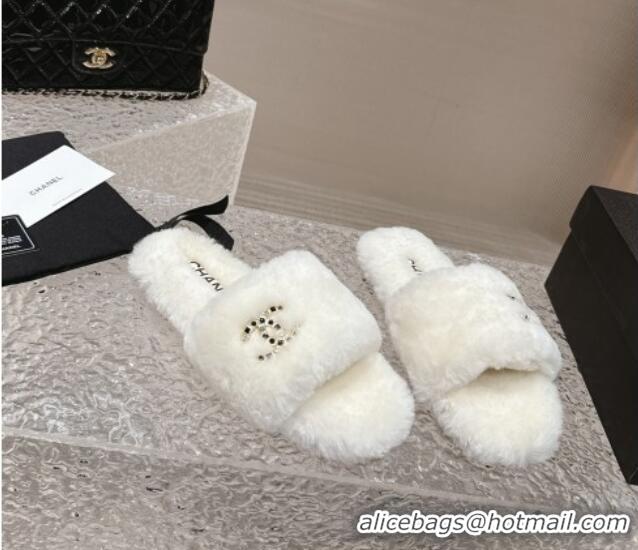 Good Looking Chanel Wool Flat Slide Sandals with Crystal CC White 103024