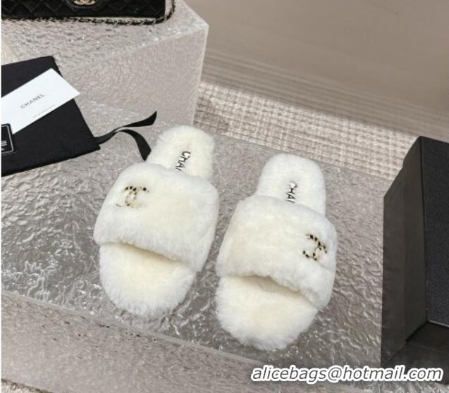 Good Looking Chanel Wool Flat Slide Sandals with Crystal CC White 103024