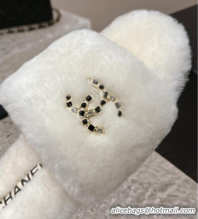 Good Looking Chanel Wool Flat Slide Sandals with Crystal CC White 103024