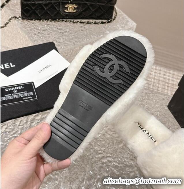 Good Looking Chanel Wool Flat Slide Sandals with Crystal CC White 103024