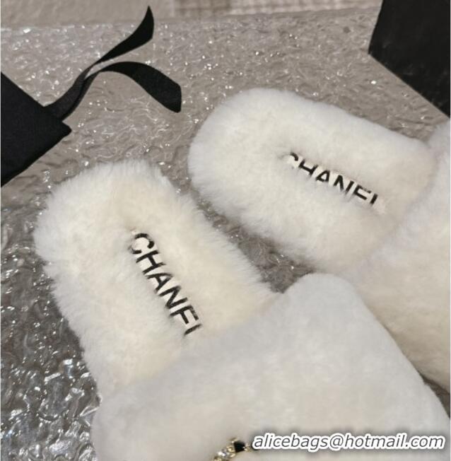 Good Looking Chanel Wool Flat Slide Sandals with Crystal CC White 103024