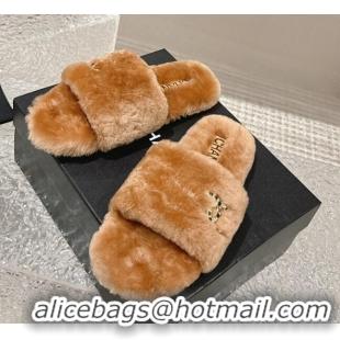 Best Price Chanel Wool Flat Slide Sandals with Crystal CC Brown 103025