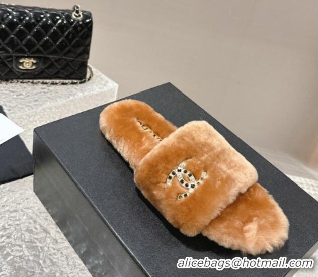 Best Price Chanel Wool Flat Slide Sandals with Crystal CC Brown 103025