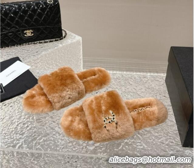 Best Price Chanel Wool Flat Slide Sandals with Crystal CC Brown 103025