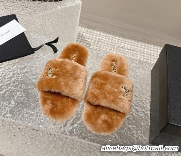 Best Price Chanel Wool Flat Slide Sandals with Crystal CC Brown 103025