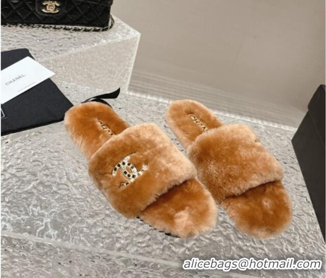 Best Price Chanel Wool Flat Slide Sandals with Crystal CC Brown 103025