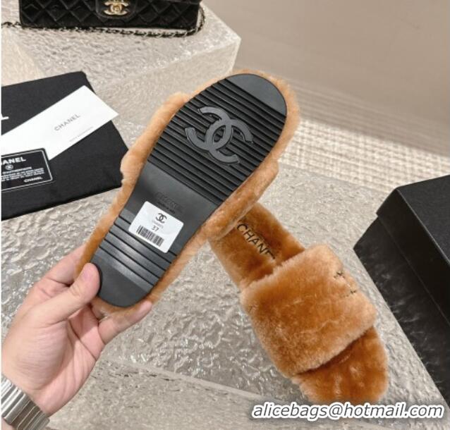 Best Price Chanel Wool Flat Slide Sandals with Crystal CC Brown 103025