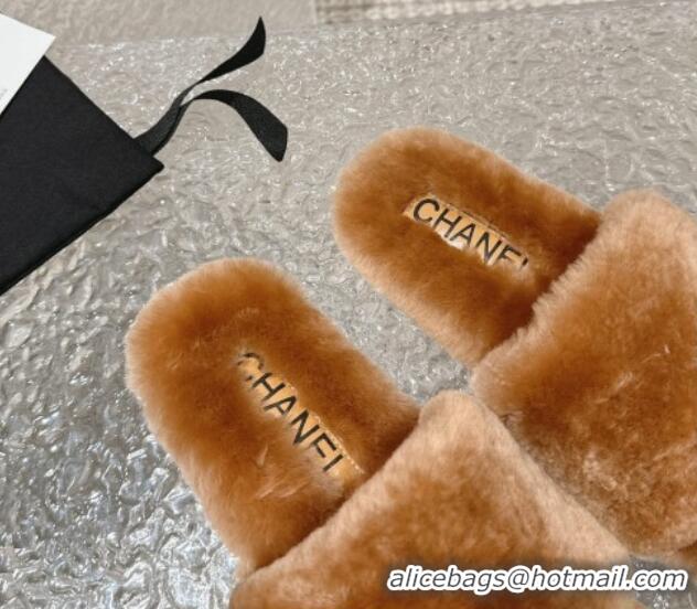 Best Price Chanel Wool Flat Slide Sandals with Crystal CC Brown 103025