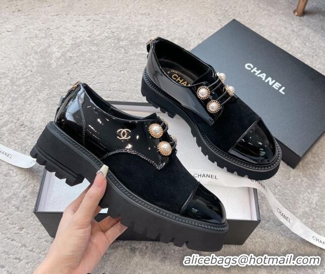 Top Grade Chanel Patent Leather & Suede Lace-up Shoes with Pearls Black 103026