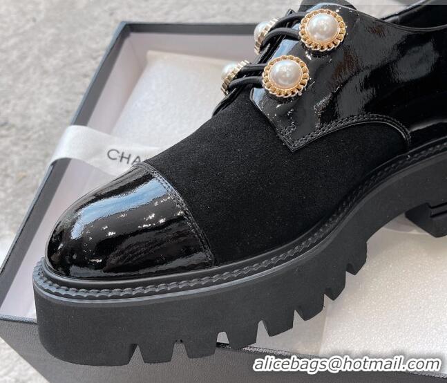 Top Grade Chanel Patent Leather & Suede Lace-up Shoes with Pearls Black 103026