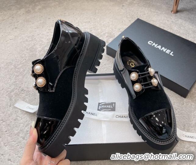 Top Grade Chanel Patent Leather & Suede Lace-up Shoes with Pearls Black 103026