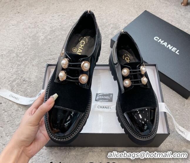 Top Grade Chanel Patent Leather & Suede Lace-up Shoes with Pearls Black 103026