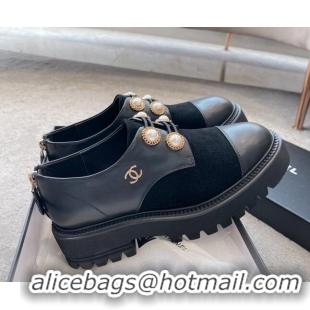 Durable Chanel Calfskin & Suede Lace-up Shoes with Pearls Black 103027