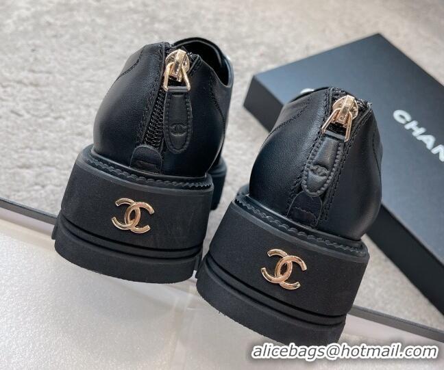 Durable Chanel Calfskin & Suede Lace-up Shoes with Pearls Black 103027