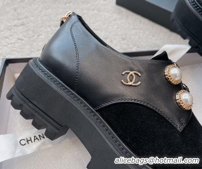 Durable Chanel Calfskin & Suede Lace-up Shoes with Pearls Black 103027