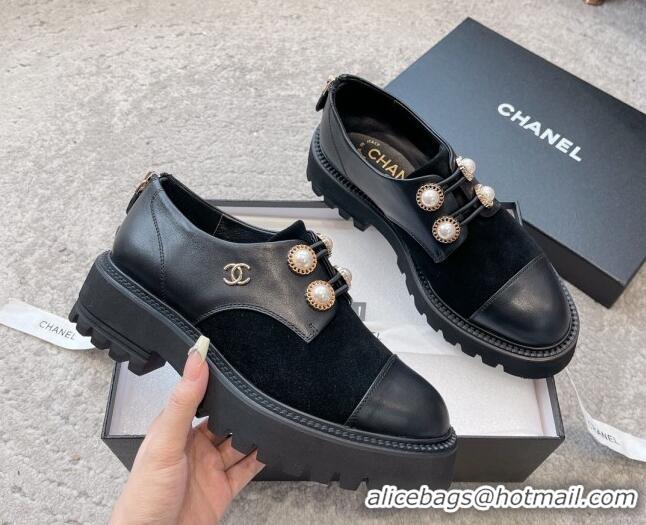 Durable Chanel Calfskin & Suede Lace-up Shoes with Pearls Black 103027