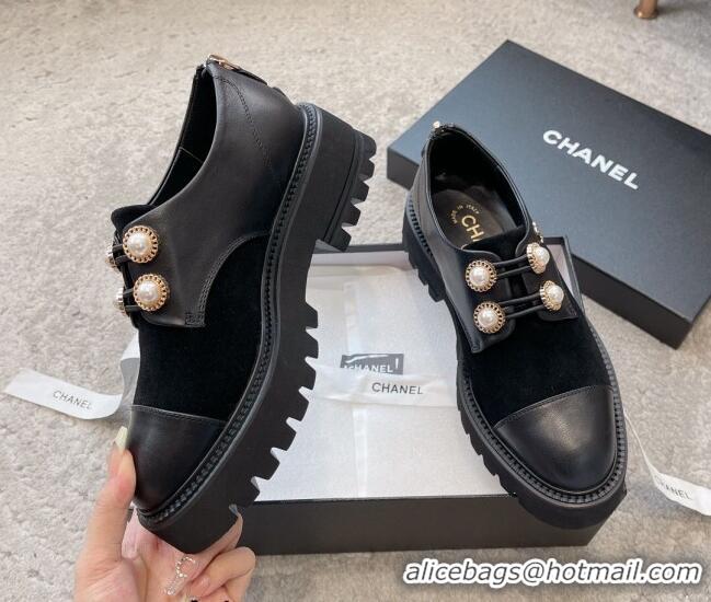 Durable Chanel Calfskin & Suede Lace-up Shoes with Pearls Black 103027