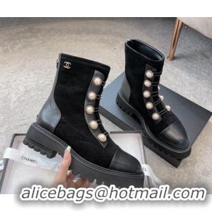 Lowest Cost Chanel Calfskin & Suede Lace-up Ankle Boots with Pearls Black 103028