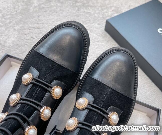 Lowest Cost Chanel Calfskin & Suede Lace-up Ankle Boots with Pearls Black 103028