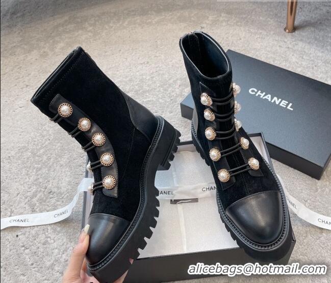 Lowest Cost Chanel Calfskin & Suede Lace-up Ankle Boots with Pearls Black 103028