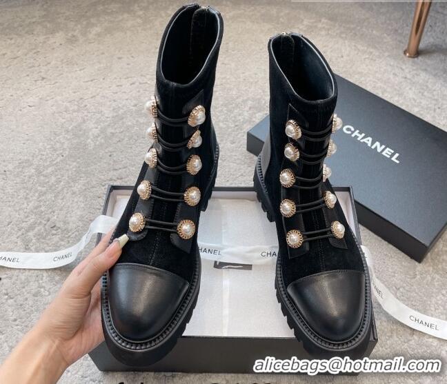 Lowest Cost Chanel Calfskin & Suede Lace-up Ankle Boots with Pearls Black 103028