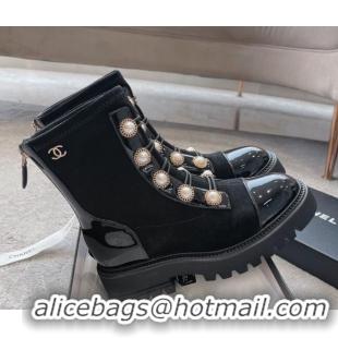 Unique Style Chanel Patent Leather & Suede Lace-up Ankle Boots with Pearls Black 103029