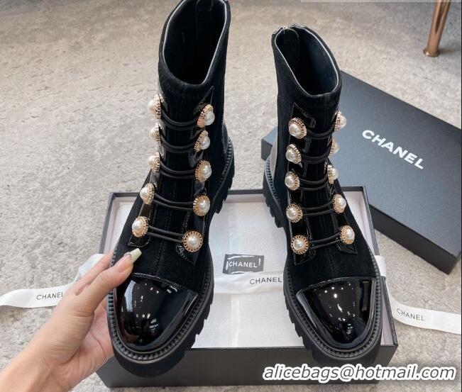 Unique Style Chanel Patent Leather & Suede Lace-up Ankle Boots with Pearls Black 103029