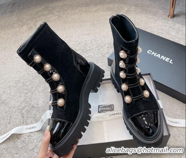 Unique Style Chanel Patent Leather & Suede Lace-up Ankle Boots with Pearls Black 103029