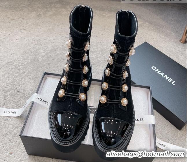 Unique Style Chanel Patent Leather & Suede Lace-up Ankle Boots with Pearls Black 103029