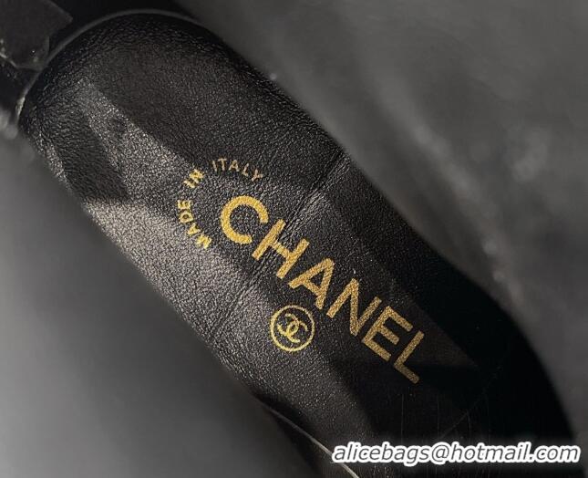 Unique Style Chanel Patent Leather & Suede Lace-up Ankle Boots with Pearls Black 103029