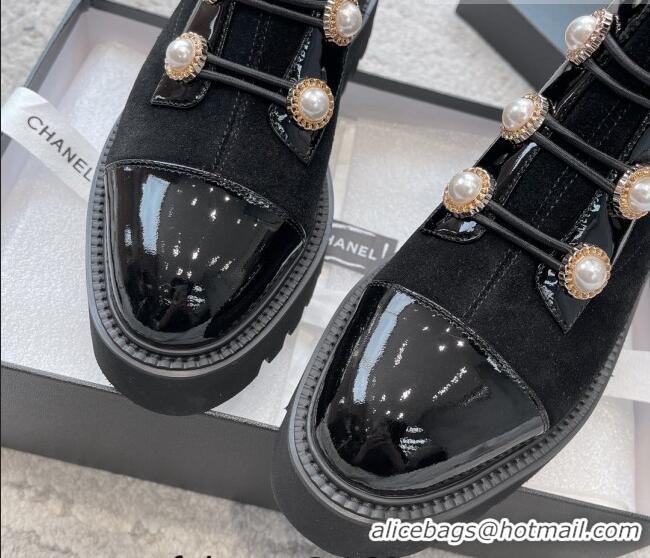 Unique Style Chanel Patent Leather & Suede Lace-up Ankle Boots with Pearls Black 103029