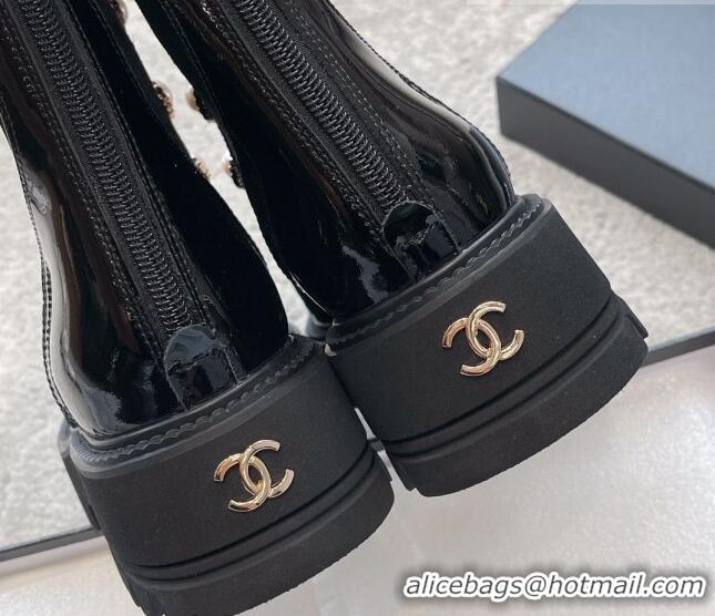 Unique Style Chanel Patent Leather & Suede Lace-up Ankle Boots with Pearls Black 103029