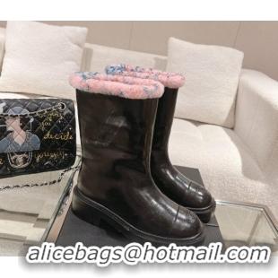 Good Quality Chanel Crinkled Calfskin & Shearling Ankle Boots Black/Light Pink 103031